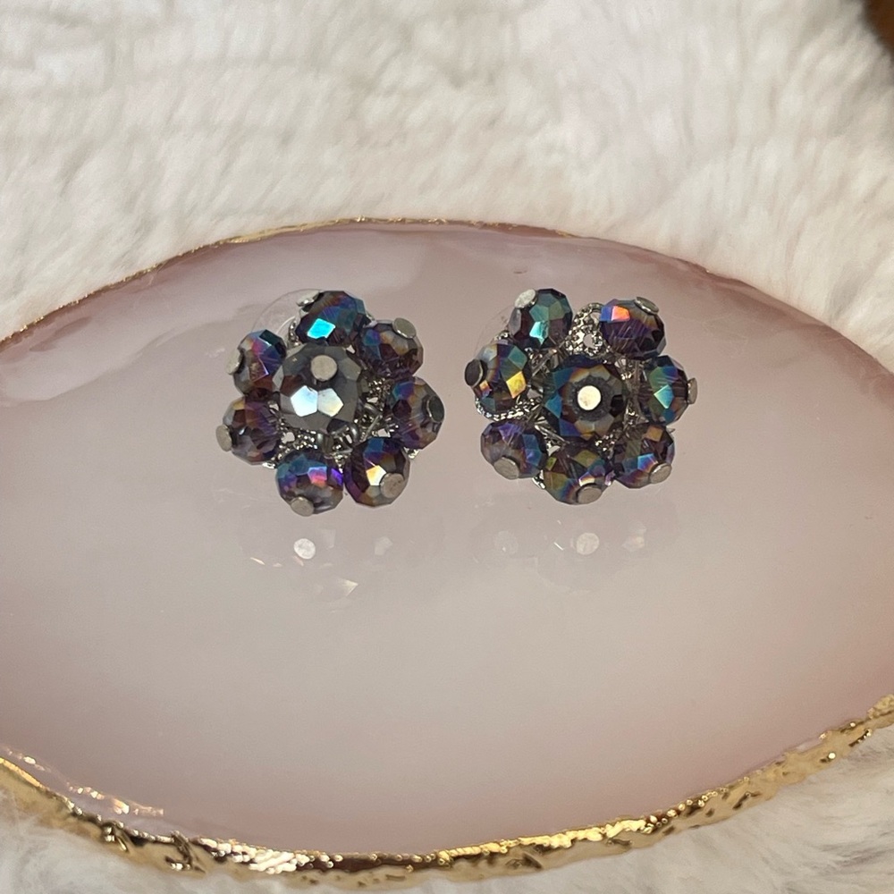 Vintage Iridescent Purple Crystal Cluster Stud Earrings